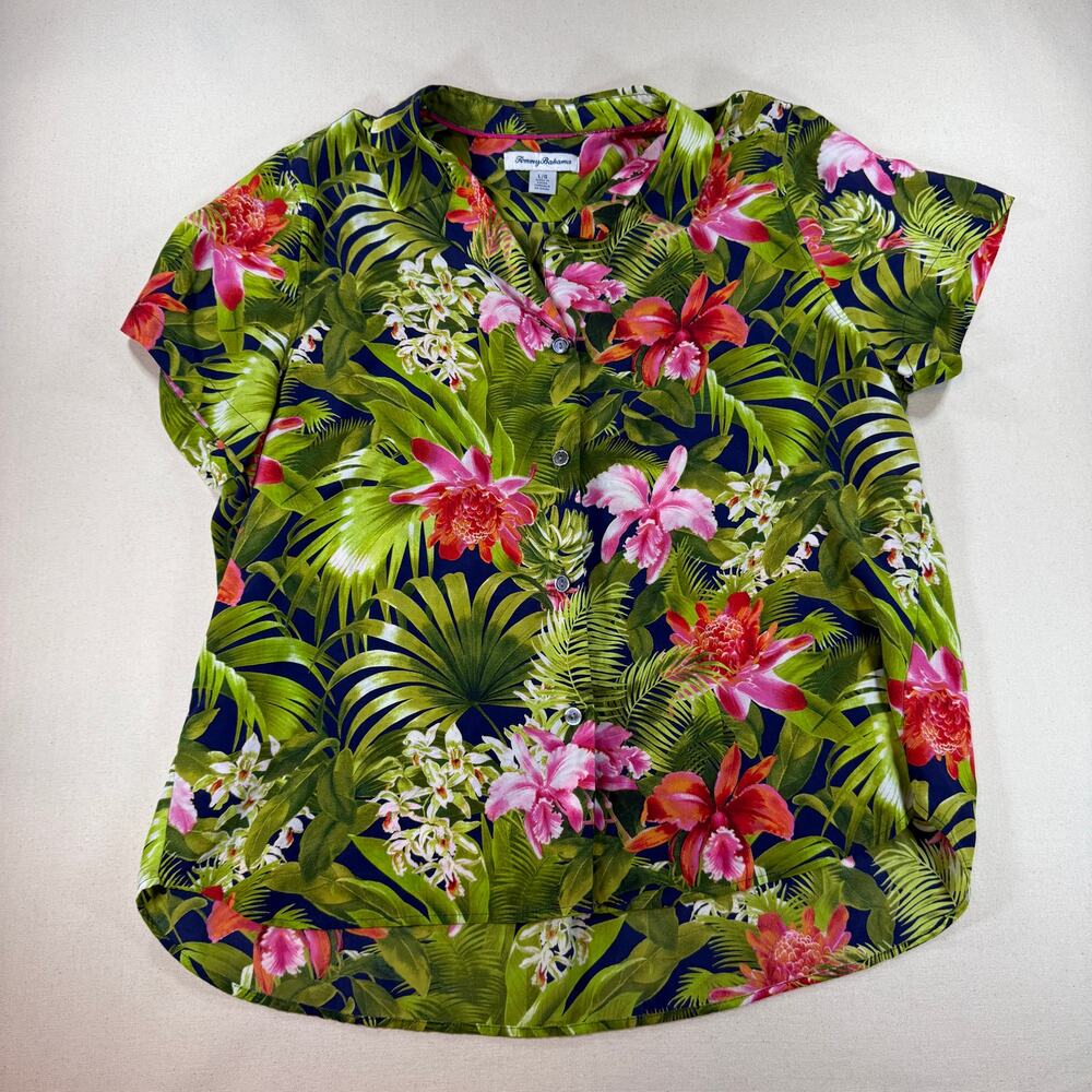 Tommy Bahama Women Large L 100% Silk Tropical Floral Orchid Camp Shirt Blouse